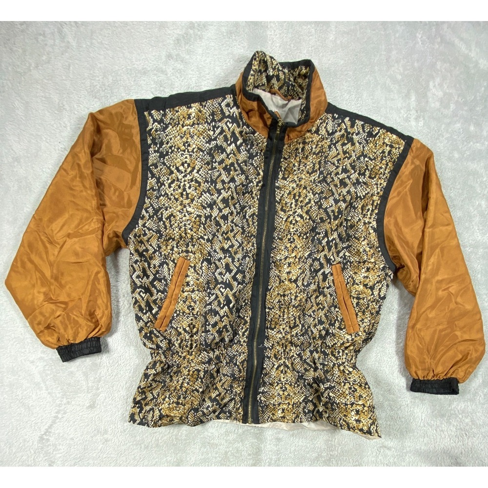 Vintage East West Silks Jacket Womens M Brown Snakeskin Padded Shoulder Full Zip
